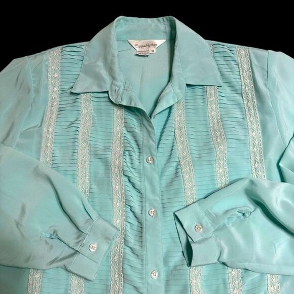 Vintage Susan Hutton Mint Green Pleat and lace detail long sleeve blouse size 14 - Picture 6 of 11